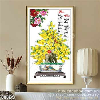 Tranh bonsai hoa mai chữ thư pháp đẹp