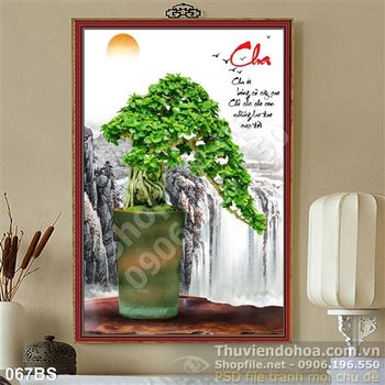 Tranh bonsai bên thác nước chữ cha