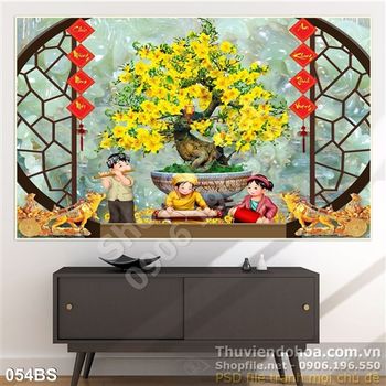 Tranh bonsai mai và những cậu bé cô bé