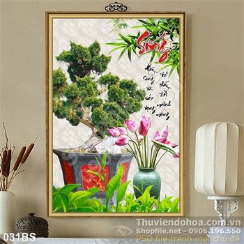 Tranh bonsai nghệ thuật và bình hoa sen
