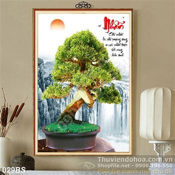 Tranh bonsai và thác nước chữ nhẫn