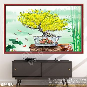 Tranh bonsai hoa mai và cá chép