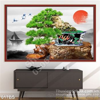 Tranh bonsai nghệ thuật và cá chép