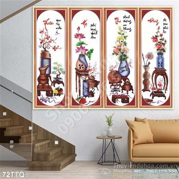 Tranh Tứ Quý bình hoa cổ xuân hạ thu đông đẹp