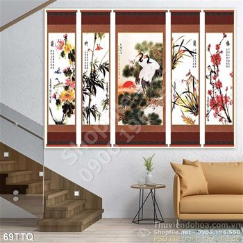 Tranh Tứ Quý bộ 5 tấm chim hạc