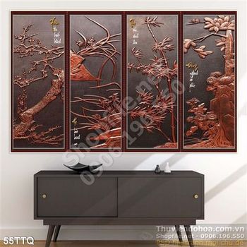 Tranh Tứ Quý phù khắc gỗ đỏ đẹp