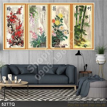 Tranh Tứ Quý mai lan cú trúc wall 3d