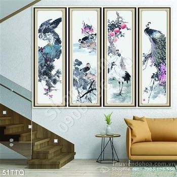 Tranh Tứ Quý sơn dầu chim công đậu cành cây