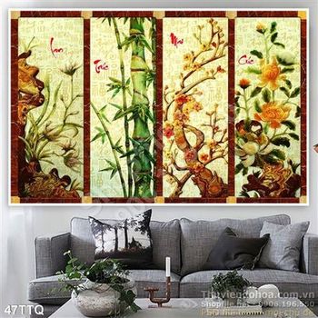 Tranh Tứ Quý 3d wall giả ngọc mai đào cúc trúc