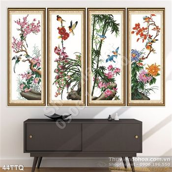 Tranh Tứ Quý cúc trúc mai đào thêu chữ thập