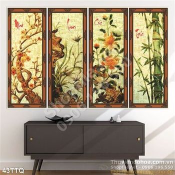 Tranh Tứ Quý 3d wall đào mai cúc trúc giả ngọc