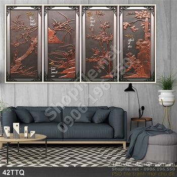 Tranh Tứ Quý phù điêu gỗ psd