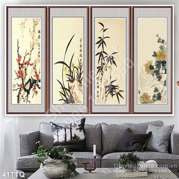 Tranh Tứ Quý cúc trúc đào mai in 3d