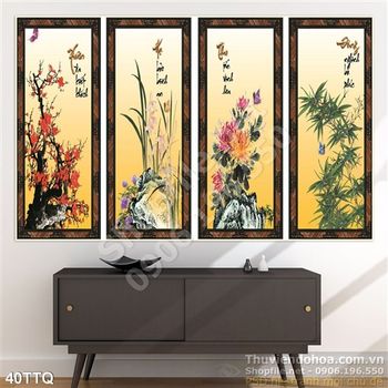 Tranh Tứ Quý wall đẹp đào mai cúc trúc