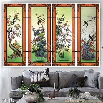 Tranh Tứ Quý mai đào cúc trúc in gạch 3d