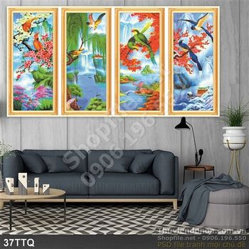 Tranh Tứ Quý chú chim chơi đùa với nhau