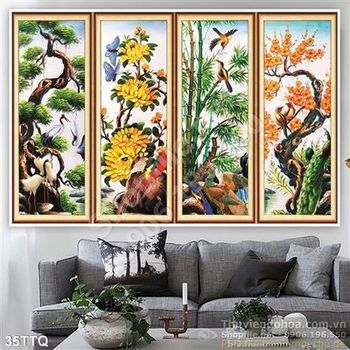 Tranh Tứ Quý sơn dầu đào mai cúc trúc Tranh Tứ Quý sơn dầu đào mai cúc trúc
