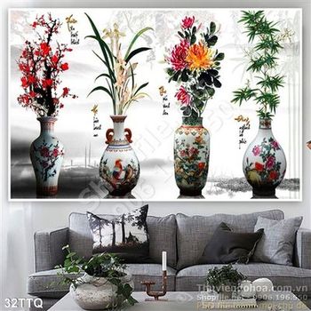 Tranh Tứ Quý bình hoa sứ cổ