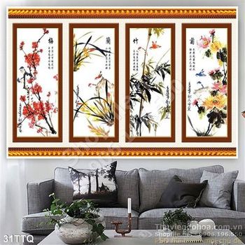Tranh Tứ Quý mai đào cúc tùng nghệ thuật Tranh Tứ Quý mai đào cúc tùng nghệ thuật