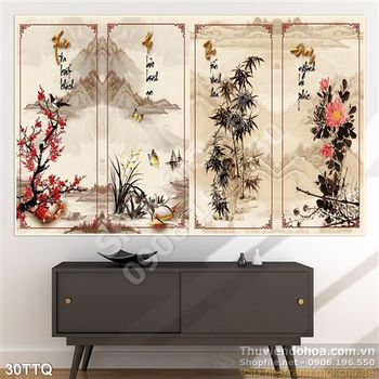 Tranh Tứ Quý sơn thủy và chữ thư pháp