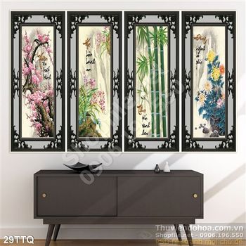 Tranh Tứ Quý khung tranh đào mai cúc trúc