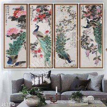 Tranh Tứ Quý chim công nhảy múa đẹp