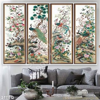 Tranh Tứ Quý mai đào cúc tùng và chim công