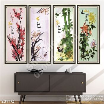 Tranh Tứ Quý wall đào mai cúc trúc in uv