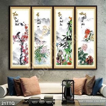 Tranh Tứ Quý chữ thư pháp đẹp