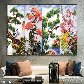 Tranh Tứ Quý sơn dầu mai đào cúc trúc Tranh Tứ Quý sơn dầu mai đào cúc trúc