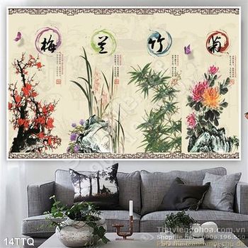 Tranh Tứ Quý đào lan trúc cúc in uv