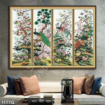 Tranh Tứ Quý cây đào chim công in gạch