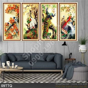 Tranh Tứ Quý chim hạc và chim công đẹp