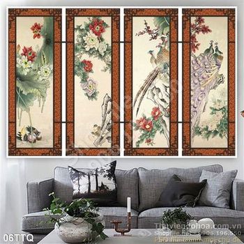 Tranh Tứ Quý chim công và hoa mẫu đơn