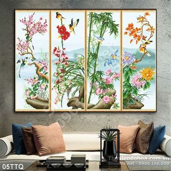 Tranh Tứ Quý mai đào tre đẹp