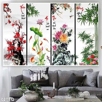 Tranh Tứ Quý đào sen tre cúc Tranh Tứ Quý đào sen tre cúc