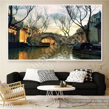 Tranh phố cổ xưa hà nội con cầu qua xông