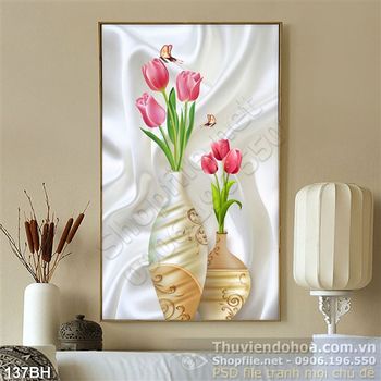 Tranh bình hoa nghệ thuật hoa tulip hồng wall