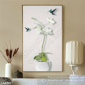 Tranh bình hoa lan và 2 chú chim nhỏ