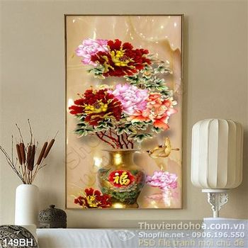 Tranh chậu hoa mẫu đơn cổ đẹp 3d