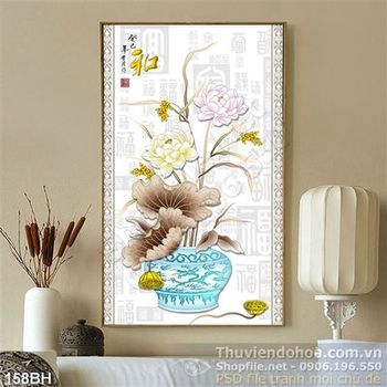 Tranh bình hoa cổ hoa sen