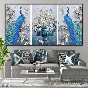 Tranh chậu hoa chim công ấn tượng