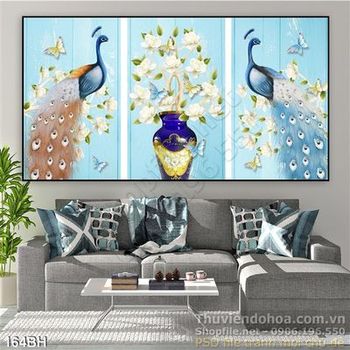 Tranh chậu hoa bộ chim công đẹp ấn tượng