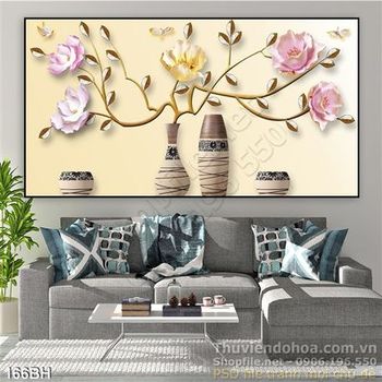 Tranh bình hoa lụa 3d khổ ngang đẹp