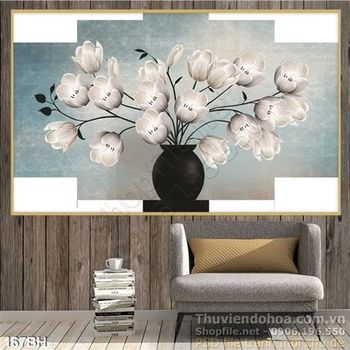 Tranh chậu hoa bộ 3 tấm màu trắng đẹp in uv