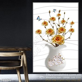Tranh bình hoa gốm sứ trắng và hoa hồng vàng