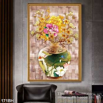 Tranh chậu hoa cổ hoa sen nền gạch ấn tượng