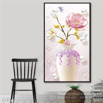 Tranh chậu hoa lụa 3d khổ dọc in uv đẹp