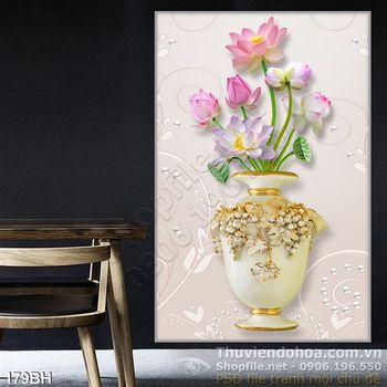 Tranh bình hoa cổ và hoa sen nở rộ
