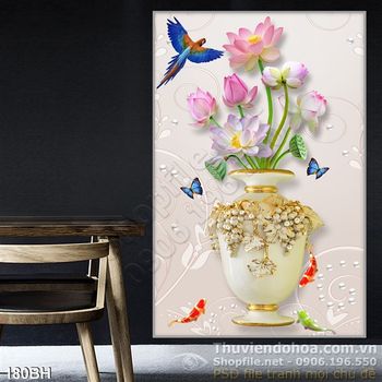 Tranh bình hoa hoa sen đẹp và chim in gạch men